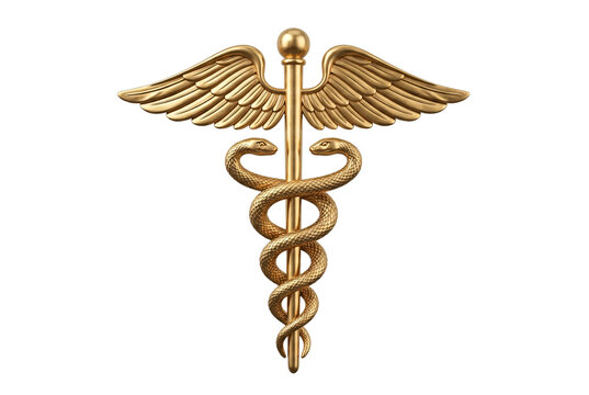 Polished gold caduceus medical symbol with two intertwined serpents coiling around a winged staff, isolated on black.