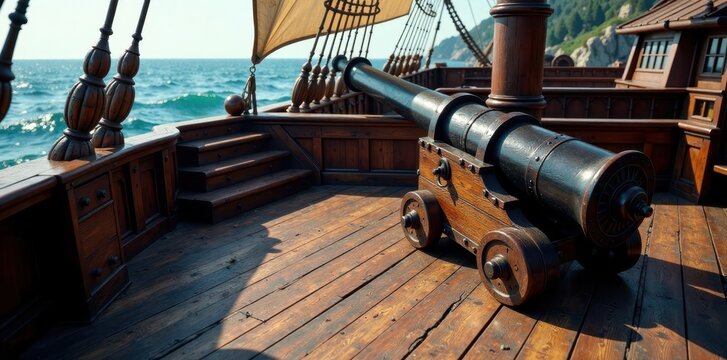 Stairs leading down to a large wooden cannon on the pirate ship deck, cannons, wooden cannons, stairs