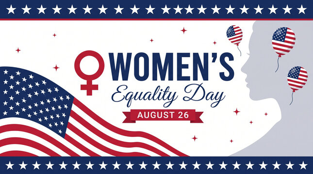 Womens equality day banner with american flag, female silhouette, and balloons, celebrating womens rights in the usa