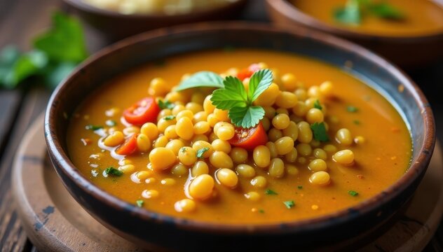 Steamed lentils in a traditional Guyanese dhal sauce with onions and ginger , comforting meal, lentils, spicy curry