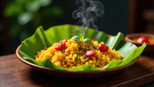 Steaming plate of Navratri Upwas food on a banana leaf, plates, organic, table setting