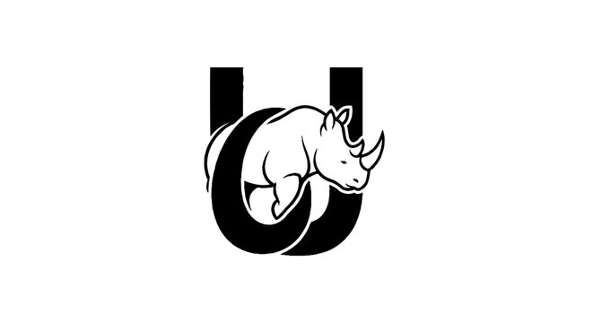 Black and white rhinoceros and letter U logo design.
