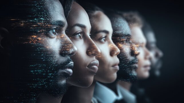 Diverse group of people in profile view, faces overlaid with digital data streams, symbolizing technology and connection