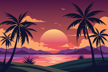 Obraz premium beautiful sunset landscape vector design with palm trees, flying birds and hills 