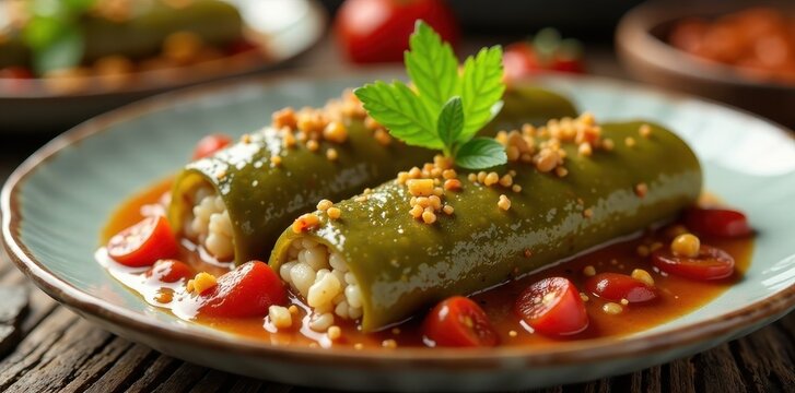 Stuffed grape leaves with rice and meat in a traditional Mediterranean dish, rice, mediterranean, table