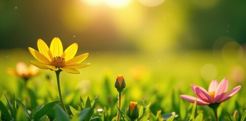 Sunlit yellow daisies and pink wild roses spread their petals across the lush green meadow, dancing with the warm spring air, bloom, flowers, wild roses © ทองขาร พอใจ