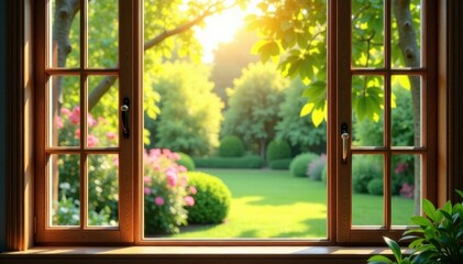 Fototapeta premium Sunny garden outside traditional wooden window frame , sun, greenery, flowers