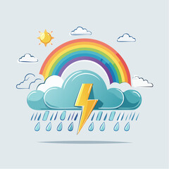Naklejka premium Cartoon Weather Icons: Rainbow, Storm Cloud, Lightning, Rain, and Sun