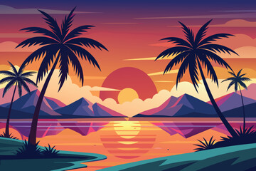 Obraz premium beautiful sunset landscape vector design with palm trees, flying birds and hills 