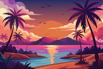 Obraz premium beautiful sunset landscape vector design with palm trees, flying birds and hills 