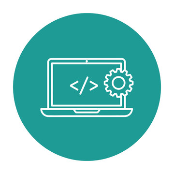 Laptop computer with coding symbols on screen and gear icon on right side