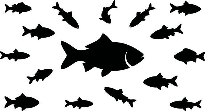 Black silhouettes of various fish swimming together in different directions on white background