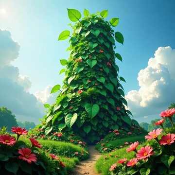 The beanstalk stretches high into the clouds with lush green leaves and vibrant flowers , fantasy, whimsical, tree