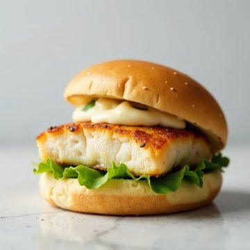Thinly sliced backfisch fillet on a soft bun with creamy remoulade sauce, sandwich, fish, seafood