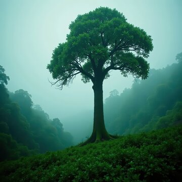 Towering Samauma tree stands alone in misty rainforest, tall, majestic, forest