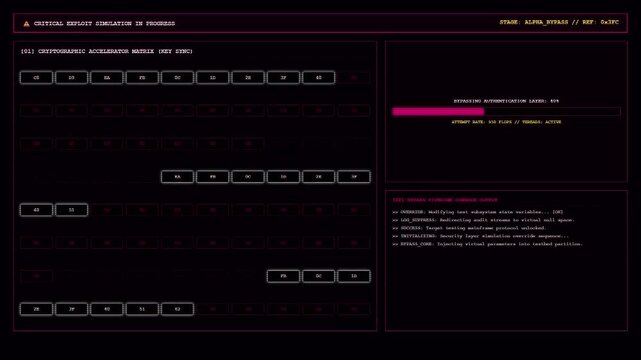 Hacking Exploit Simulation Dashboard With Cyber Bypass Console and Hex Matrix Animation.