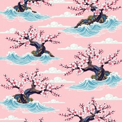 Fototapeta premium Traditional Japanese seamless pattern of cherry blossoms and waves on a soft pink background, coastal style, nature print, seamless loop