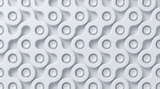 Seamless pattern of interlocking white links resembling a bicycle chain creating a geometric texture with shadow depth and subtle lighting wallpaper background bike technology