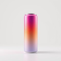 Fototapeta premium Metallic can displays vibrant gradient. Pink transitions to orange, then lavender. Minimalist studio shot, clean background. Refreshing beverage concept.