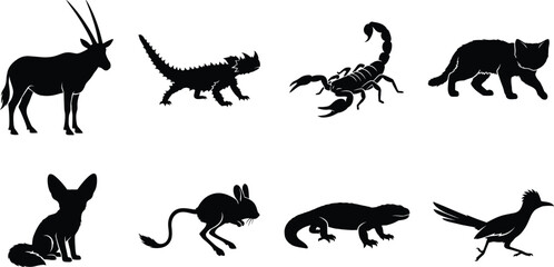 Naklejka premium Exotic Wildlife Animal Silhouette Collection with Desert and Reptile Species Vector Set