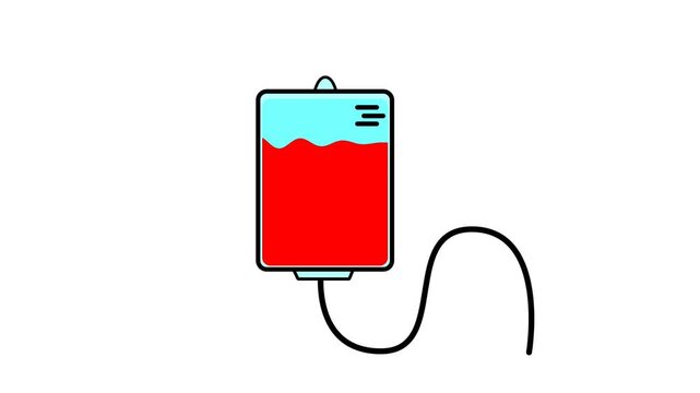 Animated 2D vector graphic icon of a medical blood bag with moving red liquid for healthcare transfusion and donation concept