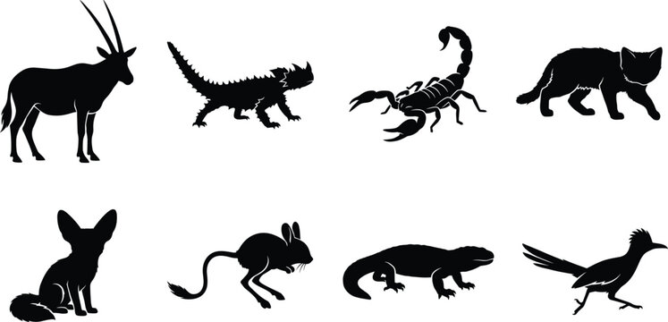 Exotic Wildlife Animal Silhouette Collection with Desert and Reptile Species Vector Set