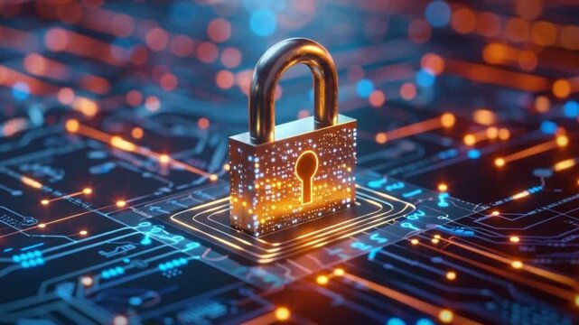 a secure digital padlock placed on a circuit board, representing technology and data protection. The background features glowing blue and orange lights, creating a futuristic atmosphere