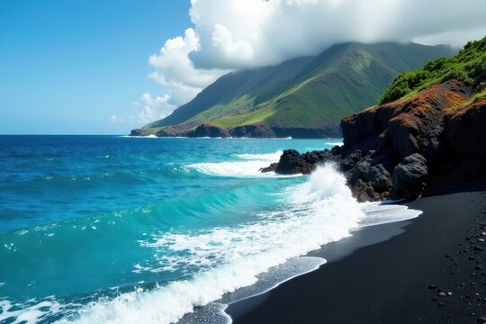 Turquoise ocean waves gently lap against volcanic shoreline on secluded Bartolome Island, clear waters, ocean, island