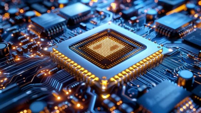A close-up shot of a complex computer processor with intricate circuitry and glowing components, showcasing advanced technology and innovation
