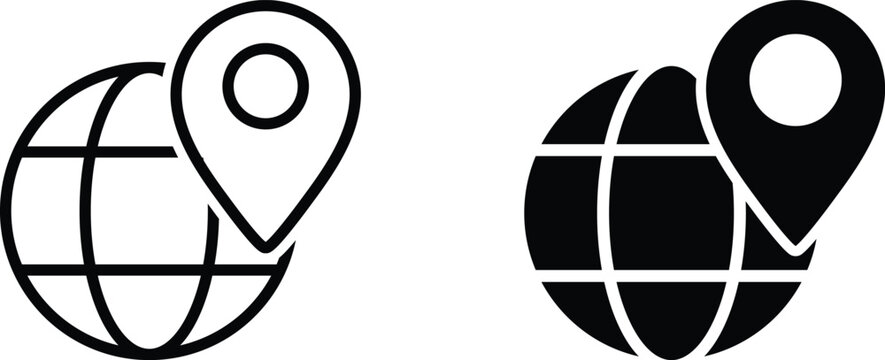 Globe icon with location for map, locator, tracking, IP address. Editable vector stroke icon, outline and solid.