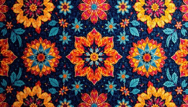 Vibrant and exotic Thai-style carpet pattern with abstract shapes and tropical motifs, pattern, tropical, design