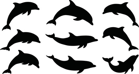 Set of black dolphin silhouettes in different swimming positions on white background © SAYEDAJANNATUL