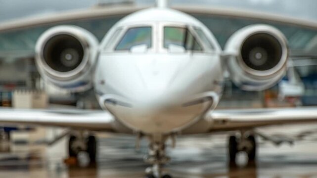 A close-up, front view of a sleek white private jet, poised on the tarmac. The engines are visible, and the cockpit windows reflect the overcast sky.