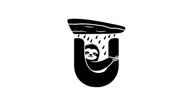 Black and white illustration of a cat in a U shape.
