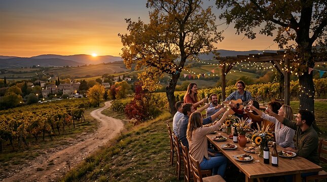 Group of friends enjoying outdoor dinner party in vineyard at sunset