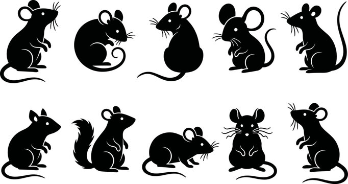 Set of black silhouette illustrations of mice in various poses and angles on white background