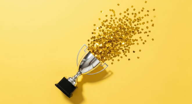 Silver trophy cup overflowing with golden confetti on yellow background symbolizing victory celebration and achievement in competitive sports.