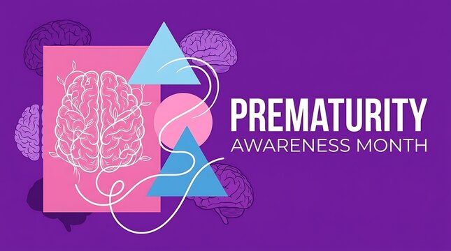 Prematurity Awareness Month illustration with brain and baby feet on purple gradient background