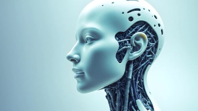 a detailed profile of a futuristic android head, showcasing intricate internal wiring and circuitry against a clean, cool background