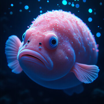Cute Pink Blobfish Portrait Floating in Dark Blue Ocean with Bokeh Bubbles
