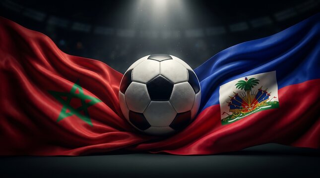 Moroccan and haitian flags with a soccer ball on a dark background