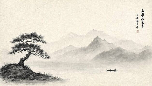 Traditional ink wash painting of a lone pine tree on a rocky cliff overlooking a misty mountain range with a small boat floating on calm water
