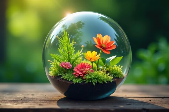 Vibrant plants and flowers inside a clear glass orb, botanical interior, , glass greenhouse
