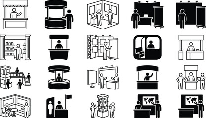 Trade show exhibition booth and event display kiosk collection with convention stands and presentation vector icons © Prodip