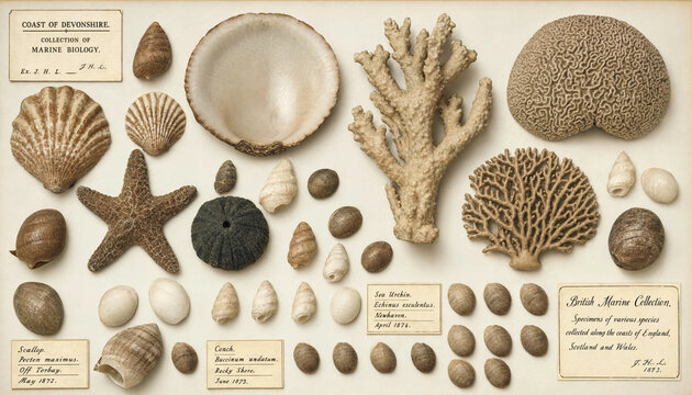 Vintage marine biology collection featuring various seashells, starfish, coral, and sea urchins with handwritten labels on a cream background
