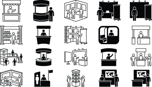 Trade show exhibition booth and event display kiosk collection with convention stands and presentation vector icons