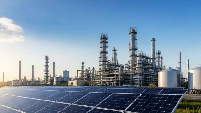 Industrial Refinery Powered By Solar Energy Infrastructure. 4K Video