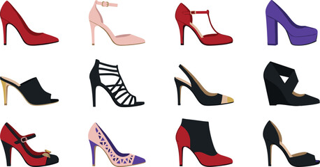 Obraz premium Women's high heel shoe collection with fashionable footwear elegant pumps sandals and luxury vector illustrations