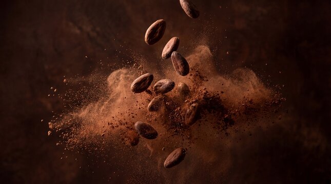 Dynamic shot of cocoa beans and powder exploding in a dark environment.