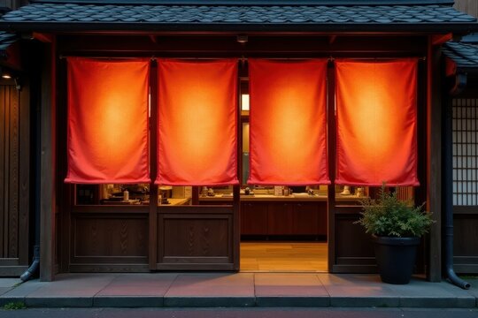 Warm noren curtain at traditional Japanese soba noodle restaurant entrance, warm, curtain, noren